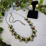 Antique Gold Finish Sliding Bolo Crystal Necklace Faux Pearl Earrings Set Photo 0
