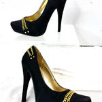 Shoe Dazzle 6.5 Platform Faux Suede Black Stiletto Heels with Gold Chain Accents Photo 1