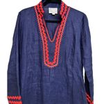 Sail To Sable  Ric Rac Embroidered Linen Shift Dress Navy Blue/Coral Size Medium Photo 2