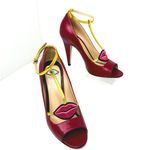 Gucci  Molina Embroidered Lips T-Strap Red/Gold Leather Pumps 37.5 Photo 0
