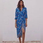 ZARA  Blue Floral Wrap Midi Dress Women’s Medium Bold Boho Resort Vacation Party Photo 2