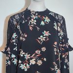 Lily White  Black Floral Blouse with Lace Accent Size Medium Black Floral Top Photo 2