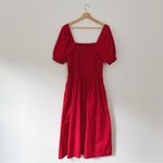 Madewell NEW Smocked Puff Sleeve Midi Dress in Poplin Cerise Red Photo 10