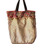 Jasper & Jeera Anthropologie Bohemian Beaded Embellishment Cotton Tote Bag Large Tan Photo 4