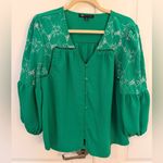 Adrienne Vittadini  L Green Embroidered Poet Blouse Boho Eyelet Photo 1