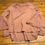 Free People Mauve Pink Ribbed Bell Sleeve Eyelet Lace V Neck Tunic Top Photo 0