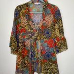 CAbi  Shakespeare Floral Semi Sheer Tie Front Ruffle Bohemian Kimono Tunic Top S Photo 0