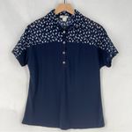 Ivy Ridge Navy Blue Patterned Mesh Neckline Stretch Jersey Knit Dolman Polo Top Photo 0