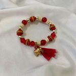 Early 2000's Stretchy Red Gold Beaded Boho Hippie Elephant Charm Tassel Bracelet Photo 2