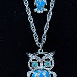 Vintage Double Owl Pendant Necklace Silver tone Spotted Bellies Rhinestone Eyes Photo 0