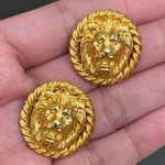 Head Vintage Unsigned Lion  Roaring Lion Gold-tone Pierced Earrings Photo 6