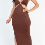 NEW Brown Front Cut Out Halter Neck Back Tie Midi Dress Size M Photo 0