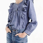 J.Crew ‎ Denim Chambray Ruffled Long Sleeve Popover Cotton Blouse Blue Size 4 Photo 0