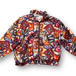 Vintage 90s EVR Silk Bomber Jacket XL Abstract Shoe Print Fall Leaves Colorful Red Photo 4