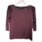 Ann Taylor Maroon Black pLeather Trim 3/4 Sleeve Stretch Top Sz M Purple Size M Photo 0