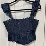 American Eagle  Outfitters Blue Denim Smocked Ruffle Crop Top Photo 3