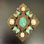 Vintage SARAH COVENTRY Faux Turquoise Pearl Cabochon Remembrance Brooch 28.5g. Silver Photo 1