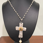 Hammered metal two tone Cross Pendant and faux pearl chain necklace Gold Photo 0
