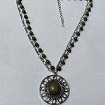 Olive Green & Silver Tone Metal Necklace Double Chain Beaded Adjustable Length Photo 0