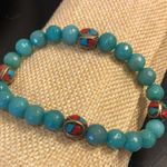 Faceted Jade Bead Bracelet w Bronze Accent Beads w Coral & Turquoise Inlay Photo 9