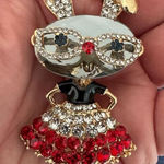 Twee Bunny Rabbit With Glasses Brooch With Colorful Stones Red Photo 0