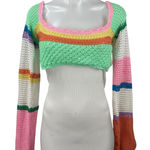 Women's Multicolor Striped Crochet Knit Colorblock Long Sleeve Crop Top Size S Photo 0