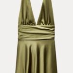 ZARA  dress halter open back tie bow Elegant Olive Green Satin wedding party Photo 14