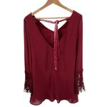 Umgee  USA wine v-neck crochet trim sleeve blouse with velour tie back bow size S Photo 1