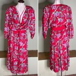 Vintage 80s Designer Diane Freis 100% Silk Beaded Plunge‎ Floral Midi Dress S M Red Photo 3