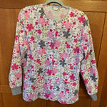 Scrub H.Q. Snap Front Floral Long Sleeve Light Weight Scrub Jacket Size Small White Photo 0