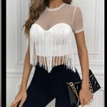SheIn Privé Contrast Mesh Fringe Trim White Crop Top Photo 0