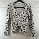 Butterfly Print Ribbed Tie Front Y2k Long Sleeve Top Size XL Photo 0