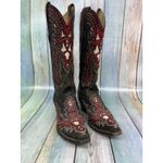 Coral Western Cowboy Boots Red Black Overlay Studs Snip Toe Size 5.5 Tall Shaft Photo 3