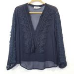 Line and Dot Black Crochet Tassels Deep V-neckline Sheer Blouse Long Sleeves Photo 0