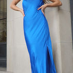 EXPRESS Satin Cowl Neck Asymmetrical Hem Maxi Slip Dress Blue Photo 0