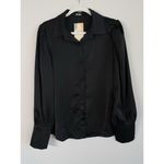 BTFBM Women’s M Black Satin Button Down Shirt Lantern Long Sleeve Office Casual Size M Photo 4