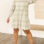 BY THE RIVER Plaid Cream Green Long Sleeve Dress Small Photo 7