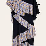 HAGAHI Navy Blue Pleated Floral Print Short Sleeve Asymmetrical Dress Size 6 Photo 0