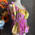 Unique Vintage NTAGE Pink & Yellow Floral Breezy Babe Crop Top SMALL Photo 2