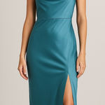 Venus  Teal Satin Slip Dress Size 8 Cowl‎ Neck Adjustable Straps Midi Slit Party Photo 0