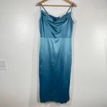 Venus  Teal Satin Slip Dress Size 8 Cowl‎ Neck Adjustable Straps Midi Slit Party Photo 1