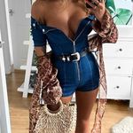 Parisian Off the Shoulder Zip Front Belted Denim Romper NWT Size 8 Photo 0