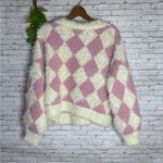POL  Pink and White Checkered Faux Mohair Wispy Chunky Knit Cardigan Photo 3