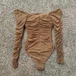 Princess Polly  Delaney tan ruched mesh off-the-shoulder long sleeve bodysuit 2 Photo 2
