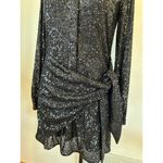 Parker sequin black mini cocktail dress size 0 collar long sheer sleeve tie fron Photo 3