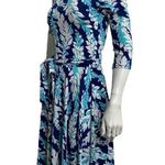 Leota  Women's XS Dress Tie Waist Fit & Flare ¾ Sleeve Blue Green Floral Hawaiian Photo 3