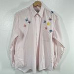 Las Olas  Pink Striped Button Down Shirt M Embroidered Butterfly Blouse‎ Kawaii Photo 2