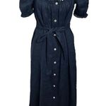 Sleeper Brigitte Linen Midi Dress Navy Size Small Puff Sleeve Tie Waist Classic Blue Photo 0