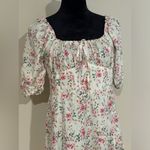 None EUC Women's White and Pink Bohemian Floral Print Puff Sleeve Dress Size Medium Photo 1