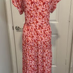Rungolee Scarlette 100% Silk Red Pink Floral Ruffle Midi Dress Size L Rare Size L Photo 0